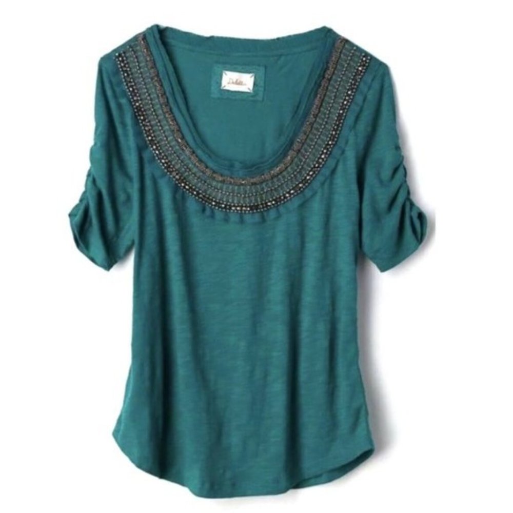 EUC Anthropologie Deletta Jewelscape Tee, Emerald Green Beaded, Medium